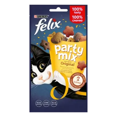 FELIX® PARTY MIX® Оріджинал Мікс. Додатковий сухий корм (ласощі) для дорослих котів зі смаком курки, печінки та індички.