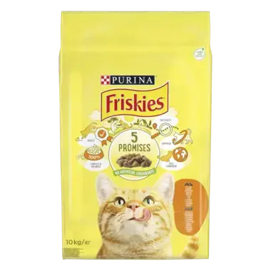 Friskies®. З куркою та овочами. Сухий повнораціонний корм для дорослих активних котів.