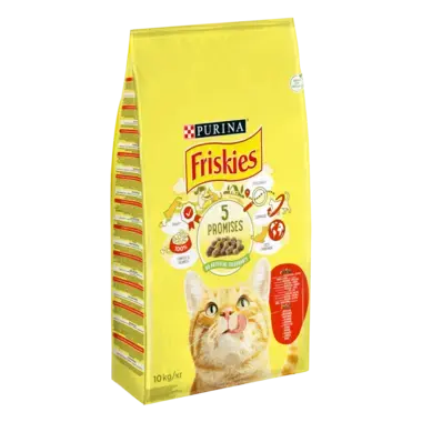 Friskies®. З яловичиною, куркою та овочами. Сухий повнораціонний корм для дорослих активних котів.