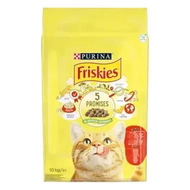 Friskies®. З яловичиною, куркою та овочами. Сухий повнораціонний корм для дорослих активних котів.