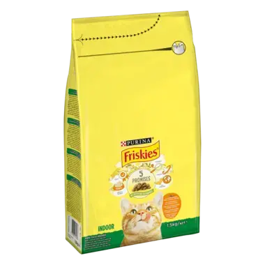 Friskies® Indoor (Індор). З куркою та овочами. Сухий повнораціонний корм для дорослих котів, що живуть вдома.
