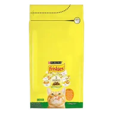 Friskies® Indoor (Індор). З куркою та овочами. Сухий повнораціонний корм для дорослих котів, що живуть вдома.