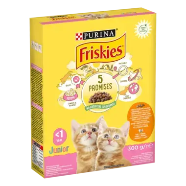 Friskies® Junior (Джуніор). З куркою, індичкою, молоком та овочами. Сухий повнораціонний корм для кошенят.