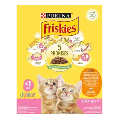 Friskies® Junior (Джуніор). З куркою, індичкою, молоком та овочами. Сухий повнораціонний корм для кошенят.