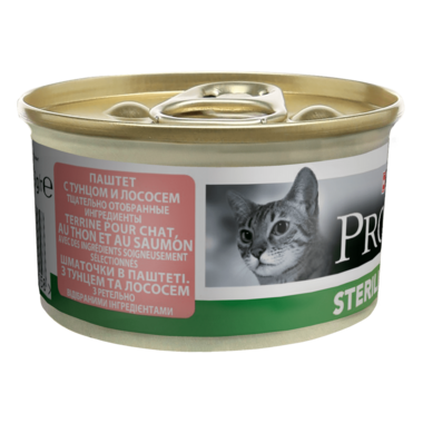 PRO PLAN®. Консервований порційний повнораціонний корм для cтерилізованих котів, з тунцем та лососем. Шматочки в паштеті.