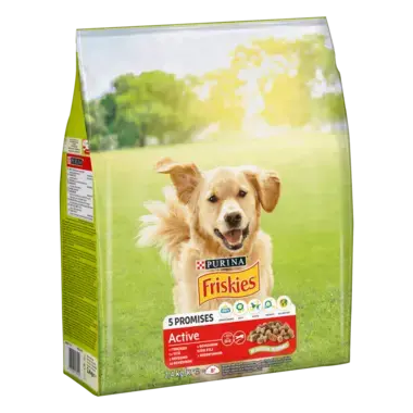 Friskies® Active (Активний). З яловичиною. Сухий повнораціонний корм для дорослих активних собак.