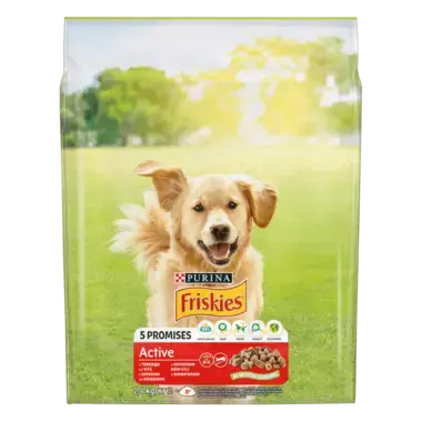 Friskies® Active (Активний). З яловичиною. Сухий повнораціонний корм для дорослих активних собак.