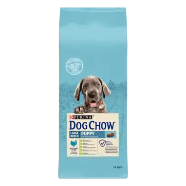 Dog Chow® сухий повнораціонний корм для цуценят великих порід віком до 2 років. Також підходить для вагітних та лактуючих соб