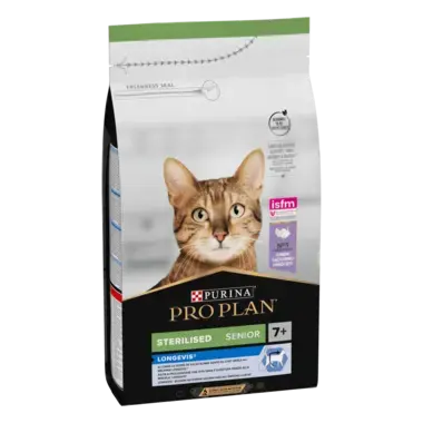 PRO PLAN®. Сухий повнораціонний корм для дорослих стерилізованих котів віком від 7 років, з індичкою.