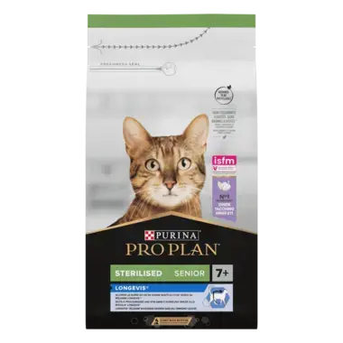 PRO PLAN®. Сухий повнораціонний корм для дорослих стерилізованих котів віком від 7 років, з індичкою.