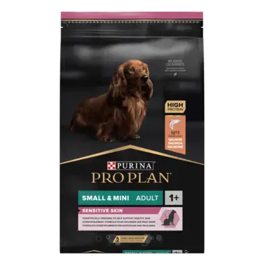 PRO PLAN®. Сухий повнораціонний корм для дорослих собак дрібних порід із чутливою шкірою. З лососем.