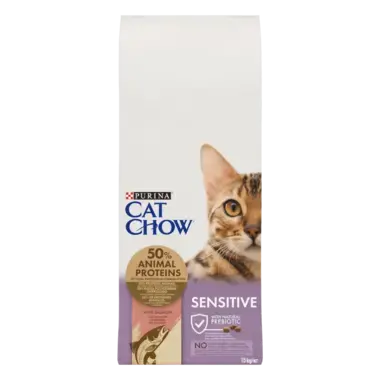 CAT CHOW® Сухий повнораціонний корм для дорослих котів із чутливою шкірою та травленням, з лососем.