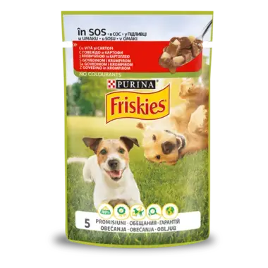 Friskies®. З яловичиною та картоплею. Шматочки у підливці. Консервований порційний повнораціонний корм для дорослих собак.