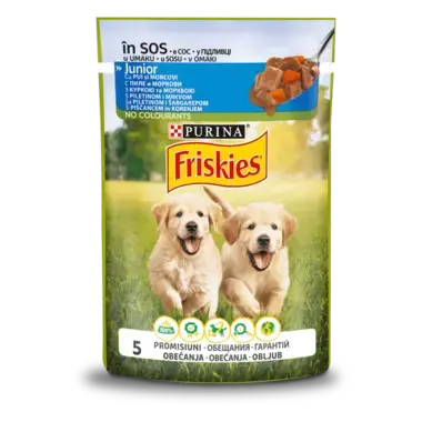 Friskies® Junior (Джуніор). З куркою та морквою. Шматочки у підливці. Консервований порційний повнораціонний корм для цуценят