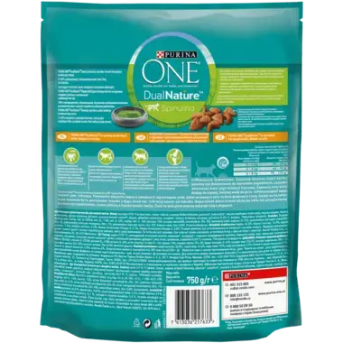 PURINA ONE® DualNature™ зі спіруліною. Сухий повнораціонний корм для дорослих котів з куркою.