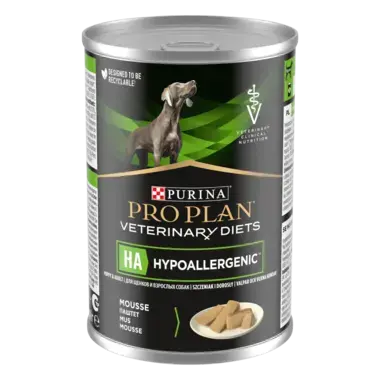 PRO PLAN® HA HYPOALLERGENIC. Ветеринарна дієта для собак для зниження ознак інгредієнтної непереносимості.