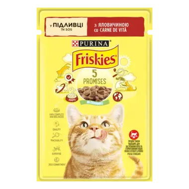 Friskies®. З яловичиною. Шматочки у підливці. Консервований порційний повнораціонний корм для дорослих котів.