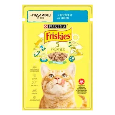 Friskies®. З лососем. Шматочки у підливці. Консервований порційний повнораціонний корм для дорослих котів.