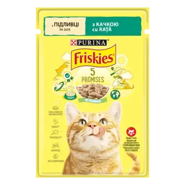 Friskies®. З качкою. Шматочки у підливці. Консервований порційний повнораціонний корм для дорослих котів.