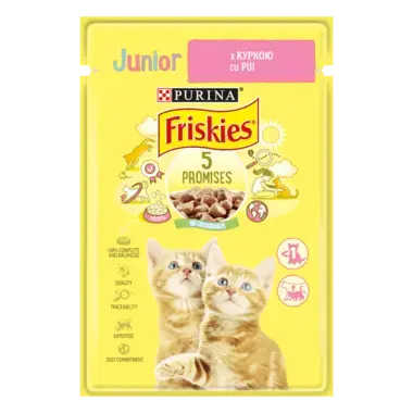 Friskies® Junior (Джуніор). З куркою. Шматочки у підливці. Консервований порційний повнораціонний корм для кошенят.