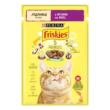 Friskies®. З ягням. Шматочки у підливці. Консервований порційний повнораціонний корм для дорослих котів.