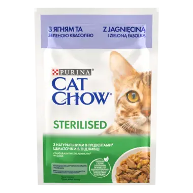 CAT CHOW® Консервований порційний повнораціонний корм для дорослих стерилізованих кішок/ кастрованих котів, з ягням та зелено