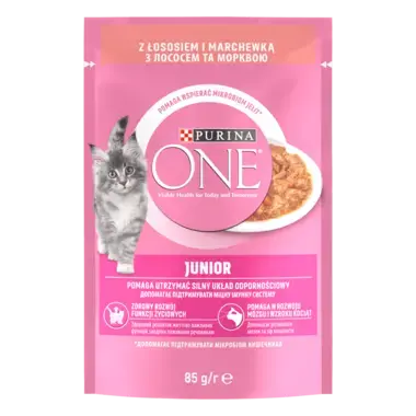 PURINA ONE® Junior (Джуніор). Шматочки в соусі. Консервований порційний повнораціонний корм для кошенят з лососем та морквою.
