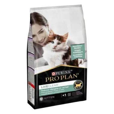 PRO PLAN® LIVECLEAR®. Знижує рівень алергенів на шерсті котів. Сухий повнораціонний корм для кошенят, з індичкою. Також підхо