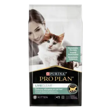 PRO PLAN® LIVECLEAR®. Знижує рівень алергенів на шерсті котів. Сухий повнораціонний корм для кошенят, з індичкою. Також підхо