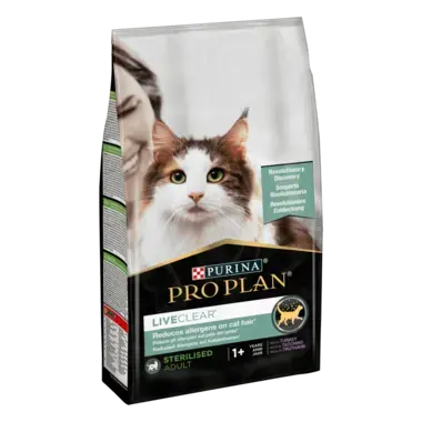 PRO PLAN® LIVECLEAR®. Знижує рівень алергенів на шерсті котів. Сухий повнораціонний корм для дорослих стерилізованих котів, з