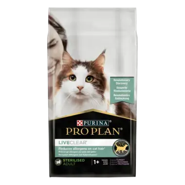 PRO PLAN® LIVECLEAR®. Знижує рівень алергенів на шерсті котів. Сухий повнораціонний корм для дорослих стерилізованих котів, з