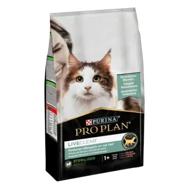 PRO PLAN® LIVECLEAR®. Знижує рівень алергенів на шерсті котів. Сухий повнораціонний корм для дорослих стерилізованих котів, з