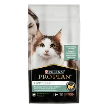 PRO PLAN® LIVECLEAR®. Знижує рівень алергенів на шерсті котів. Сухий повнораціонний корм для дорослих стерилізованих котів, з