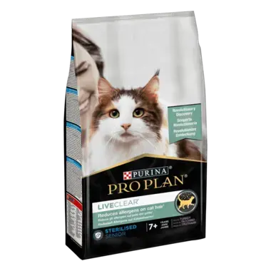 PRO PLAN® LIVECLEAR®. Знижує рівень алергенів на шерсті котів. Сухий повнораціонний корм для стерилізованих котів віком від 7