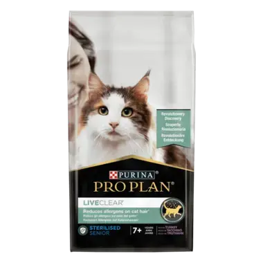 PRO PLAN® LIVECLEAR®. Знижує рівень алергенів на шерсті котів. Сухий повнораціонний корм для стерилізованих котів віком від 7