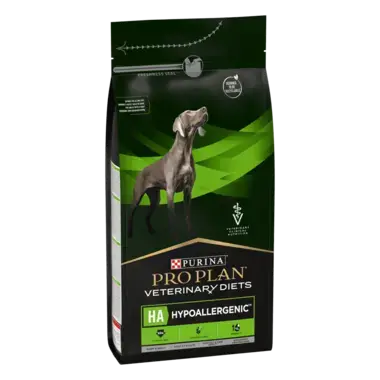 PRO PLAN® HA HYPOALLERGENIC. Ветеринарна дієта для собак для зниження ознак інгредієнтної непереносимості.