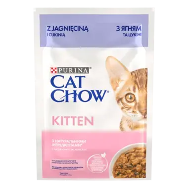 CAT CHOW® KITTEN Консервований порційний повнораціонний корм для кошенят, з ягням та цукіні, ніжні шматочки в підливці.