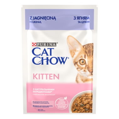 CAT CHOW® KITTEN Консервований порційний повнораціонний корм для кошенят, з ягням та цукіні, ніжні шматочки в підливці.