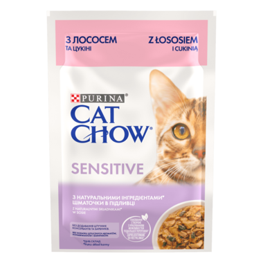CAT CHOW® Консервований порційний повнораціонний корм для дорослих котів із чутливим травленням, з лососем та цукіні, шматочк