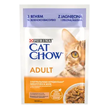 CAT CHOW® Консервований порційний повнораціонний корм для дорослих котів, з ягням та зеленою квасолею, ніжні шматочки в желе.
