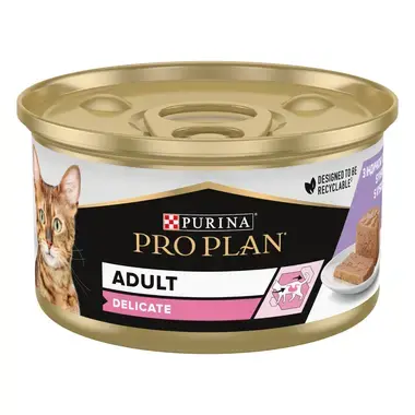 PRO PLAN® DELICATE (ДЕЛІКЕТ). Консервований порційний повнораціонний корм для дорослих котів з чутливим травленням. Мус з ін