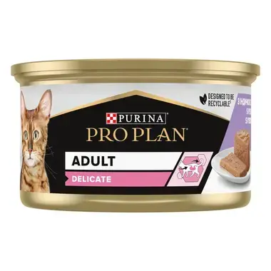 PRO PLAN® DELICATE (ДЕЛІКЕТ). Консервований порційний повнораціонний корм для дорослих котів з чутливим травленням. Мус з ін