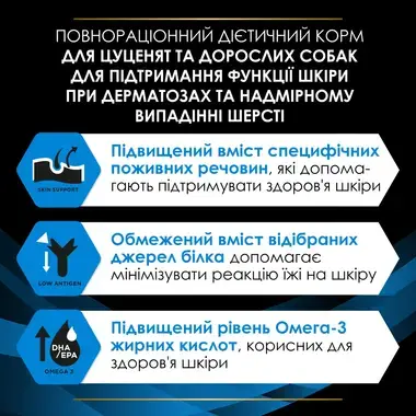 PRO PLAN® DRM Dermatosis. Ветеринарна дієта для цуценят та дорослих собак для підтримання функції шкіри при дерматозах та над