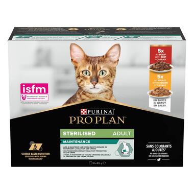 PRO PLAN ®. Консервований порційний повнораціонний корм для дорослих стерилізованих котів, з яловичиною.