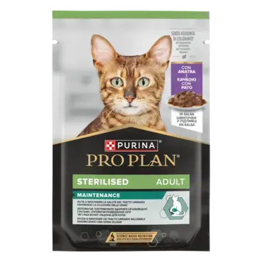 PRO PLAN®. Консервований порційний повнораціонний корм для дорослих стерилізованих котів, з качкою. Шматочки у підливці