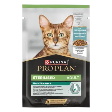 PRO PLAN®. Консервований порційний повнораціонний корм для дорослих стерилізованих котів, з океанічною рибою. Шматочки в желе