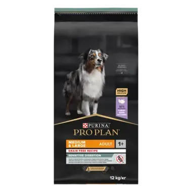 PRO PLAN®. Сухий повнораціонний беззерновий корм для дорослих собак середніх та великих порід з чутливим травленням. З індичк