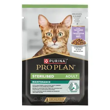 PRO PLAN®. Консервований порційний повнораціонний корм для дорослих стерилізованих котів, з індичкою. Шматочки в желе