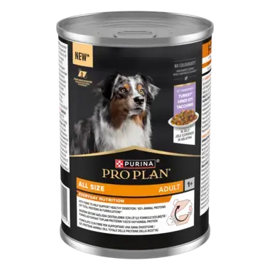 PURINA® PRO PLAN®. Консервований повнораціонний корм для дорослих собак будь-якого розміру, з індичкою. Шматочки у желе.