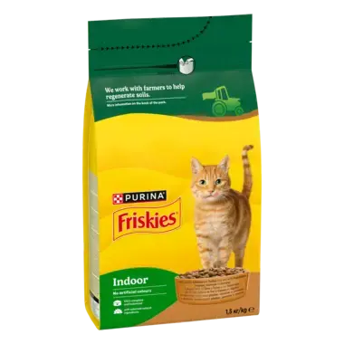 Friskies® Indoor (Індор). З куркою, індичкою та овочами. Сухий повнораціонний корм для дорослих котів, що живуть вдома.